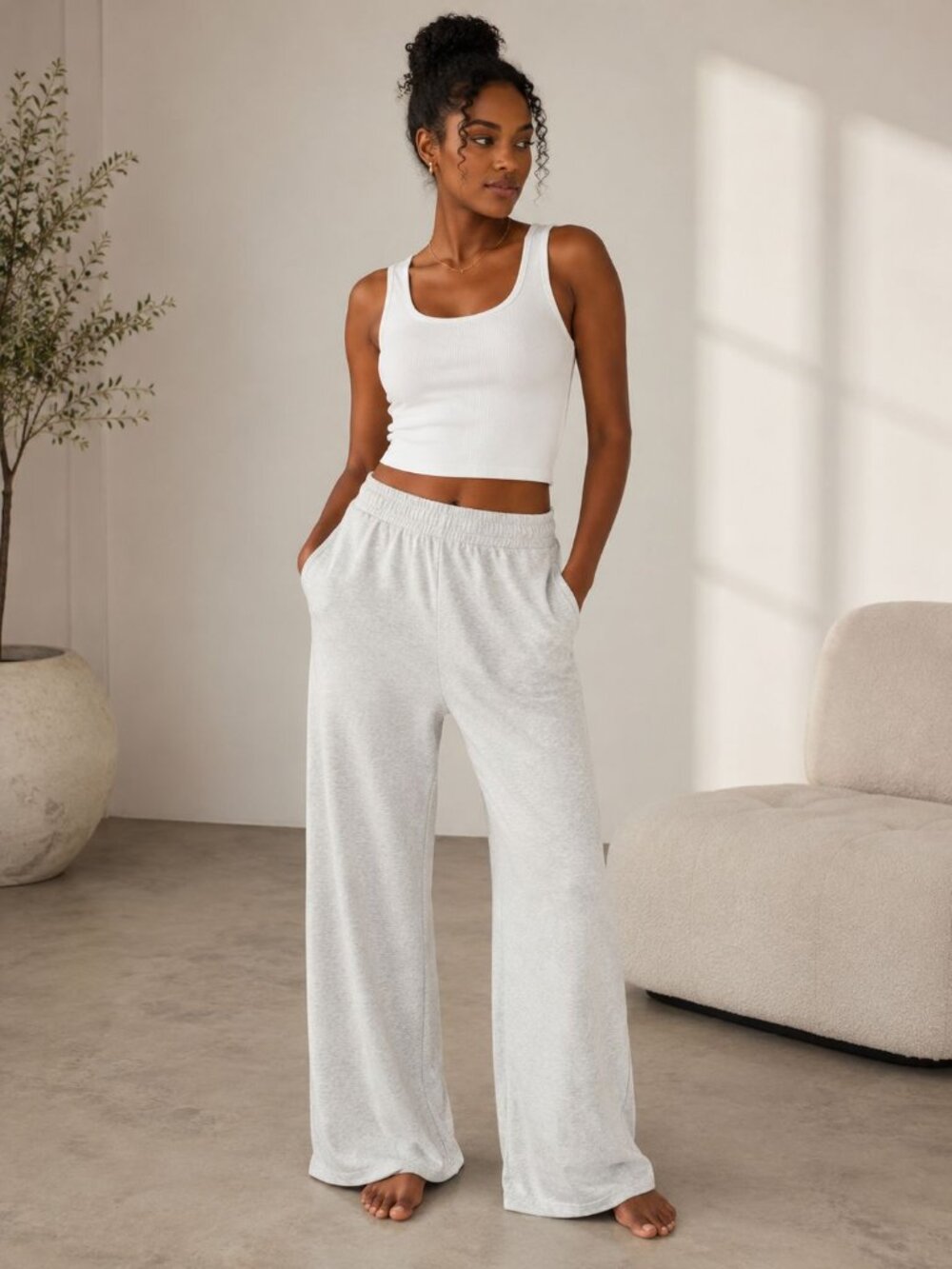 Brandy Melville Wide Leg Lounge Pants Gray Cozy Minimalist Clean Girl Size M